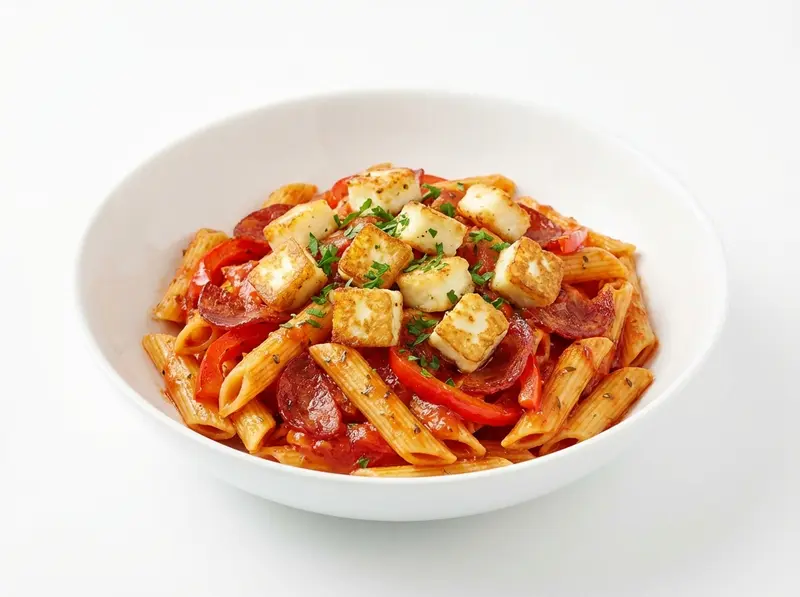 Chorizo Pasta with Crispy Halloumi