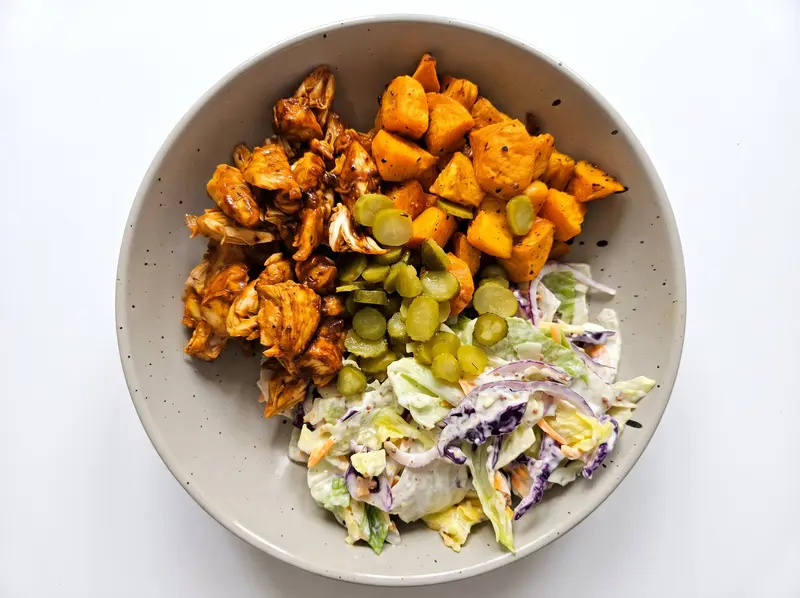 BBQ Chicken Bowls with Sweet Potatoes and Crunchy Salad